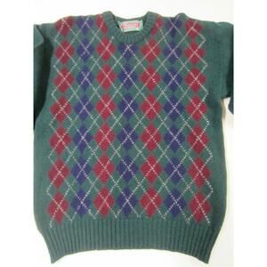 Vtg Cranberry Navy & Dark Green Made IRELAND SHETLAND WOOL Argyle SWEATER M 42"